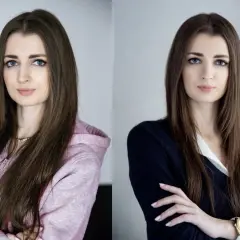 Dwie wersje portretu kobiety, idealne zdjęcie do CV. Wersja casualowa w bluzie i elegancka w marynarce.