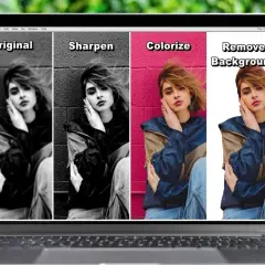Laptop z programem do zdjęć pokazującym edycję: oryginalne, wyostrzone, pokolorowane i z usuniętym tłem.