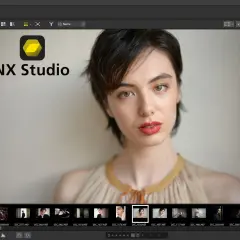 Portret kobiety z logo NX Studio po polsku. Widok programu do edycji zdjęć.