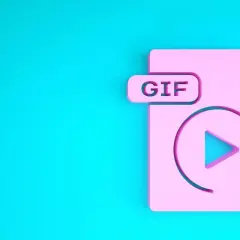 Różowy symbol pliku GIF z ikoną odtwarzania i strzałką. Dowiedz się, jak zrobić GIF ze zdjęcia.