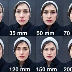 Portret kobiety w czapce, prezentujący różne ogniskowe od 22 mm do 200 mm. Zmiana ogniskowej wpływa na perspektywę i kadr.