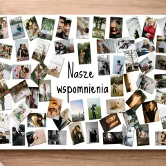 Jak zrobić obraz ze zdjęć? Kolaż zdjęć z napisem "Nasze wspomnienia" na białym tle, otoczony drewnianym blatem i akcesoriami.
