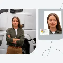 Kobieta z kartą kierowcy obok ciężarówki. Zdjęcie do karty kierowcy.