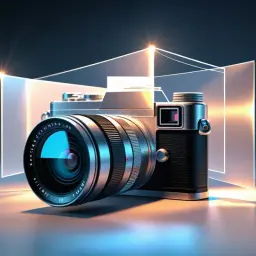 Elegancki aparat fotograficzny, który pokazuje, jak działa aparat, z soczewką odbijającą światło i geometrycznymi kształtami w tle.