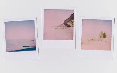 Trzy zdjęcia w stylu wywoływanie zdjęć jak z instaxa: plaża, klif i kamienie.