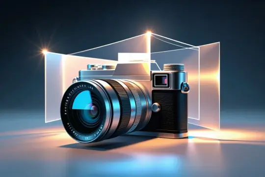 Elegancki aparat fotograficzny, który pokazuje, jak działa aparat, z soczewką odbijającą światło i geometrycznymi kształtami w tle.