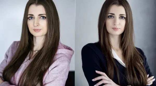 Dwie wersje portretu kobiety, idealne zdjęcie do CV. Wersja casualowa w bluzie i elegancka w marynarce.