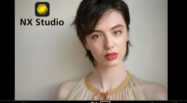 Portret kobiety z logo NX Studio po polsku. Widok programu do edycji zdjęć.