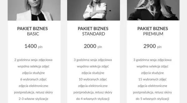 Pakiety sesji biznesowych: Basic 1400 zł, Standard 2000 zł, Premium 2900 zł. Sprawdź, ile kosztuje sesja zdjęciowa dopasowana do Twoich potrzeb.