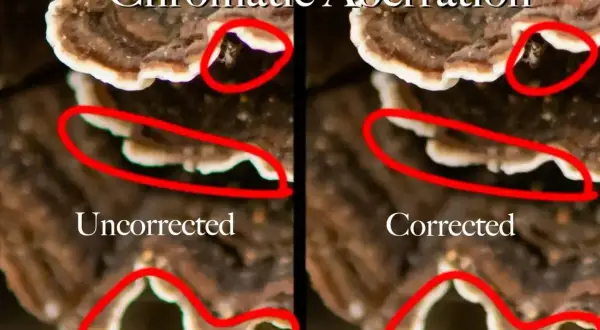 Porównanie obrazów: po lewej "Uncorrected" z widoczną aberracją chromatyczną, po prawej "Corrected" – efekt korekcji.