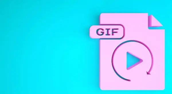 Różowy symbol pliku GIF z ikoną odtwarzania i strzałką. Dowiedz się, jak zrobić GIF ze zdjęcia.