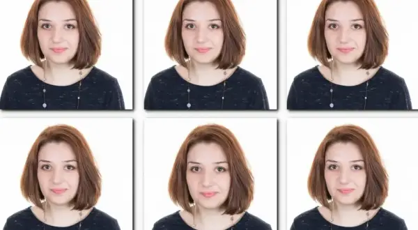 Sześć identycznych zdjęć do wizy młodej kobiety z rudymi włosami i naszyjnikiem.