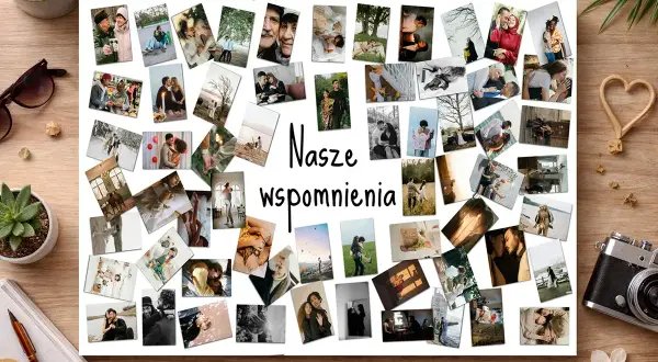 Jak zrobić obraz ze zdjęć? Kolaż zdjęć z napisem "Nasze wspomnienia" na białym tle, otoczony drewnianym blatem i akcesoriami.