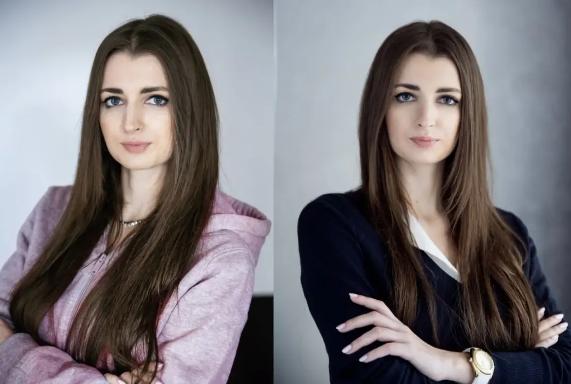 Dwie wersje portretu kobiety, idealne zdjęcie do CV. Wersja casualowa w bluzie i elegancka w marynarce.