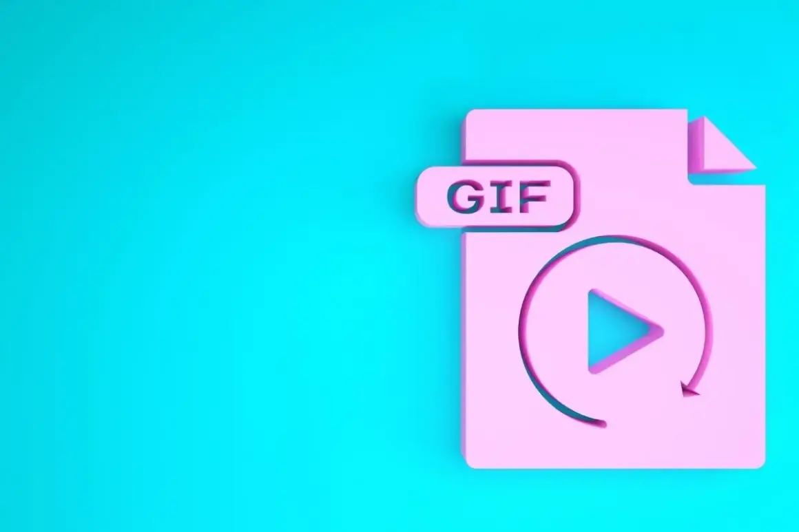Różowy symbol pliku GIF z ikoną odtwarzania i strzałką. Dowiedz się, jak zrobić GIF ze zdjęcia.