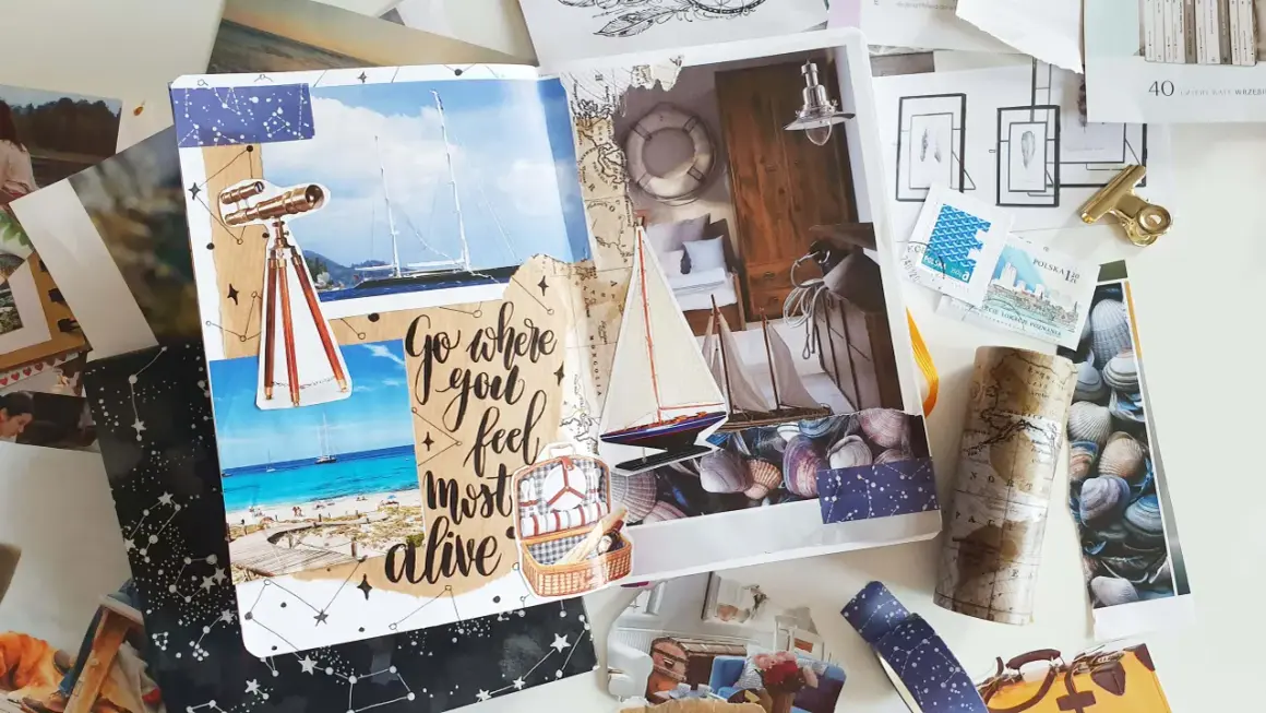 Inspirujący **kolaż** podróżniczy: jachty, plaża, lornetka, mapa, muszle i cytat "Go where you feel most alive".
