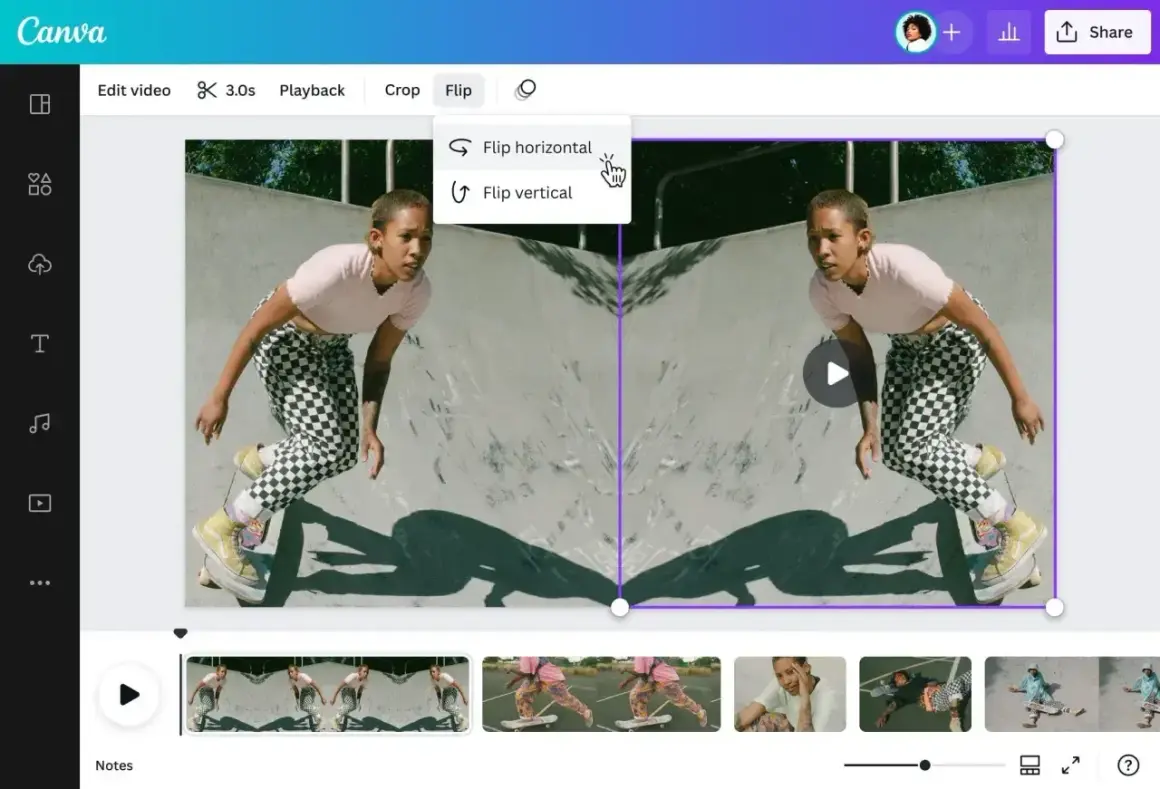 Jak zrobić odbicie lustrzane zdjęcia wideo w Canvie? Kliknij "Flip", a następnie "Flip horizontal", aby uzyskać efekt lustrzanego odbicia.
