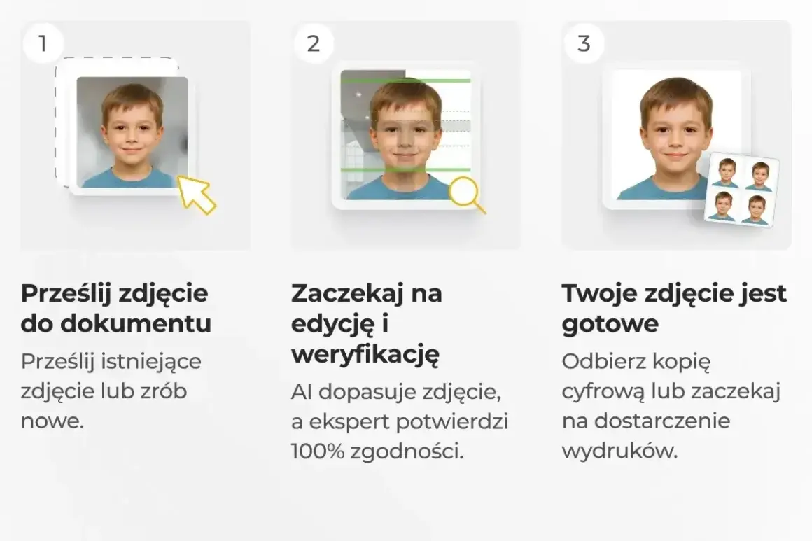 Chłopiec na zdjęciu do dowodu przechodzi proces edycji i weryfikacji. Zdjęcie jest gotowe do odbioru.
