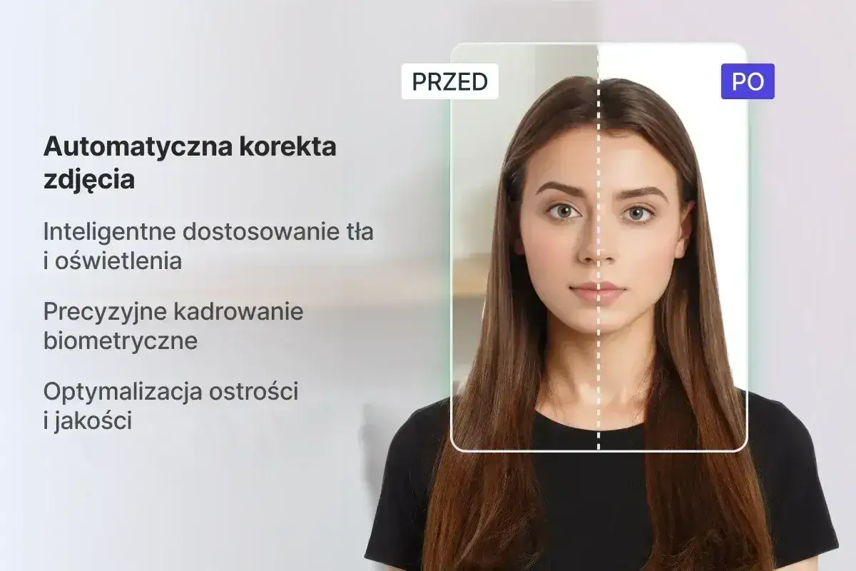 Precyzyjne kadrowanie biometryczne do dowodu online. Inteligentne dostosowanie tła i oświetlenia, optymalizacja ostrości i jakości.