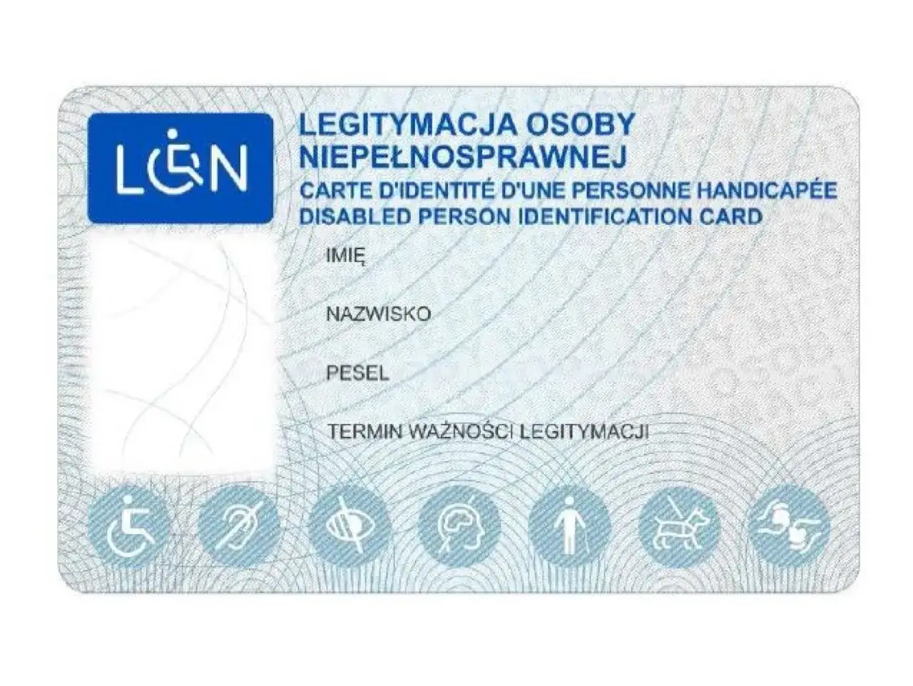 Legitymacja osoby niepełnosprawnej z symbolem L&N. Dokument zawiera pola na imię, nazwisko, PESEL i termin ważności.