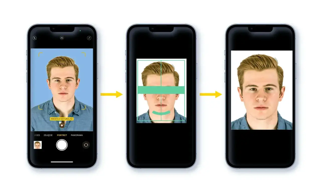 Tworzenie zdjęcie do dowodu online za darmo krok po kroku na telefonie. Proces kadrowania i dopasowania twarzy.