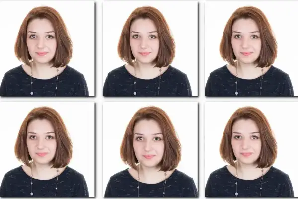 Sześć identycznych zdjęć młodej kobiety. Czy na zdjęciu do dowodu można mieć kreski? Na tych zdjęciach nie ma żadnych widocznych kresek.